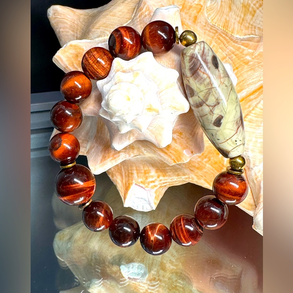 RED TIGERS EYE + MUSHROOM JASPER NATURAL STONES BRACELET size 7”